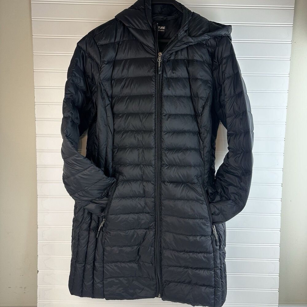 Aventure Womens Black Hooded Packable Long Zip Puffer Down Coat Jacket Size L